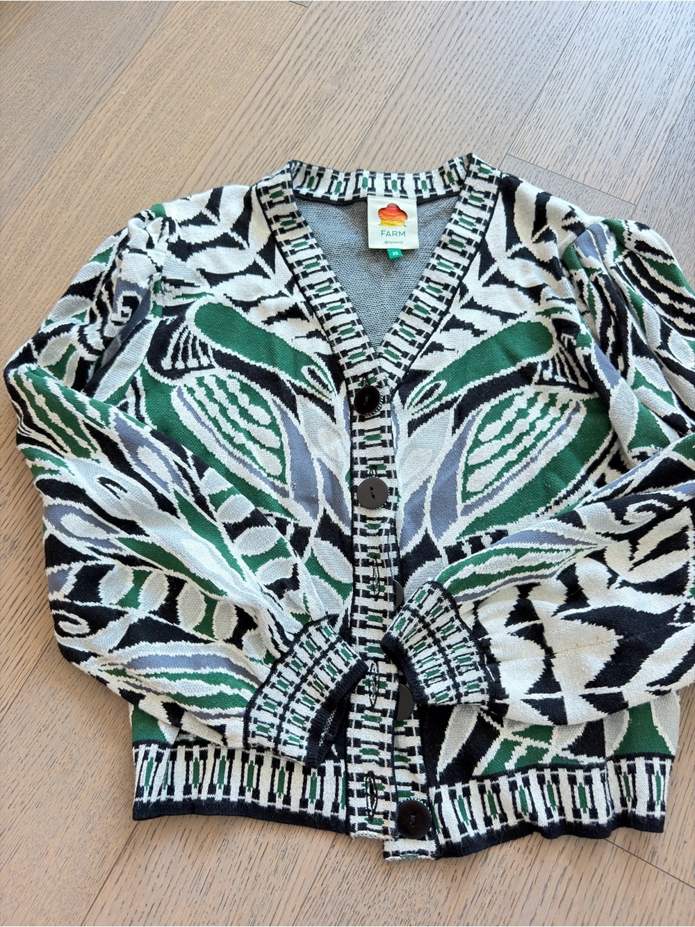 FARM Rio Green Black White Geo-Patterned Knit Cardigan